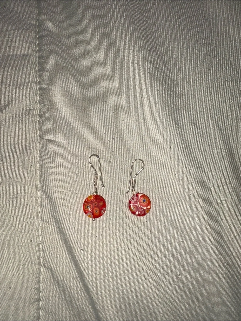 Handcrafted Red Millefiori Glass Drop Earrings with Silver Hooks